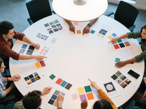 Modern office space with diverse team members collaborating around conference table with laptops and documents