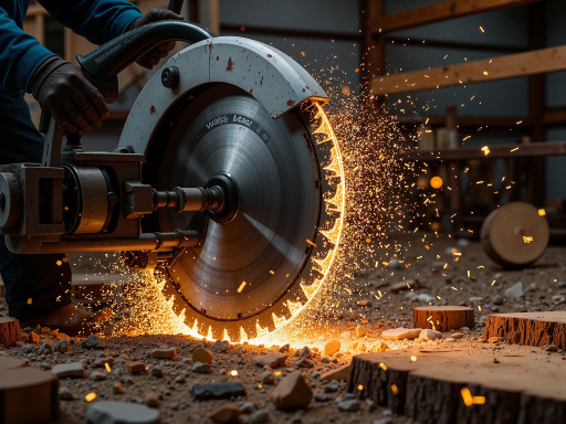 Professional construction equipment including drill, saw, and grinder displayed against industrial background with strong lighting