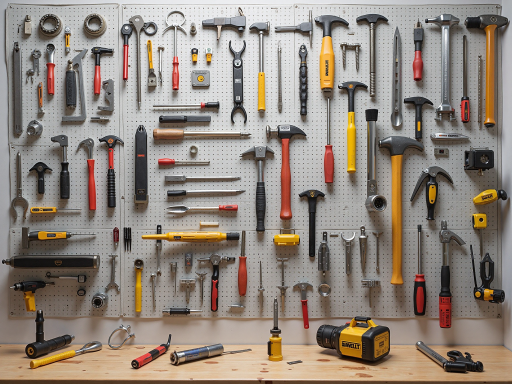 High quality product display showcasing marine motors, garden tools, and construction equipment arranged elegantly in clean white background